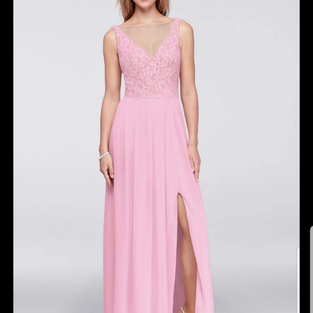 David's bridal illusion v neck dress